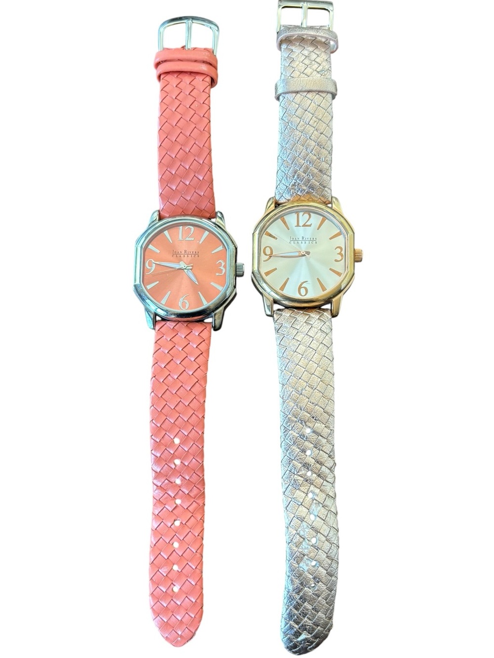 TWO! Joan Rivers Classics Genuine Leather Woven Strap Watches Gold Tone Orange.